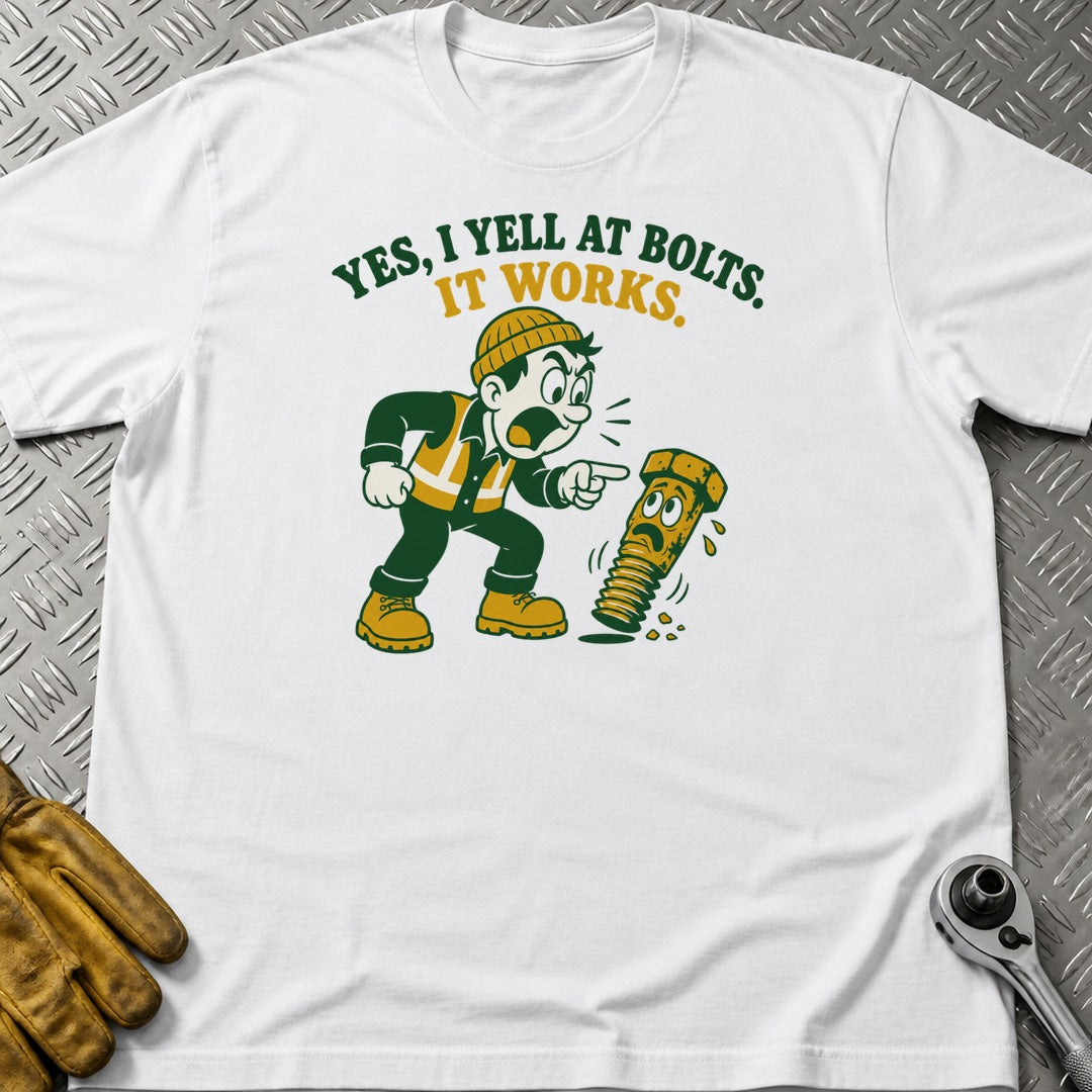 Yells At Bolts t-shirt flat lay