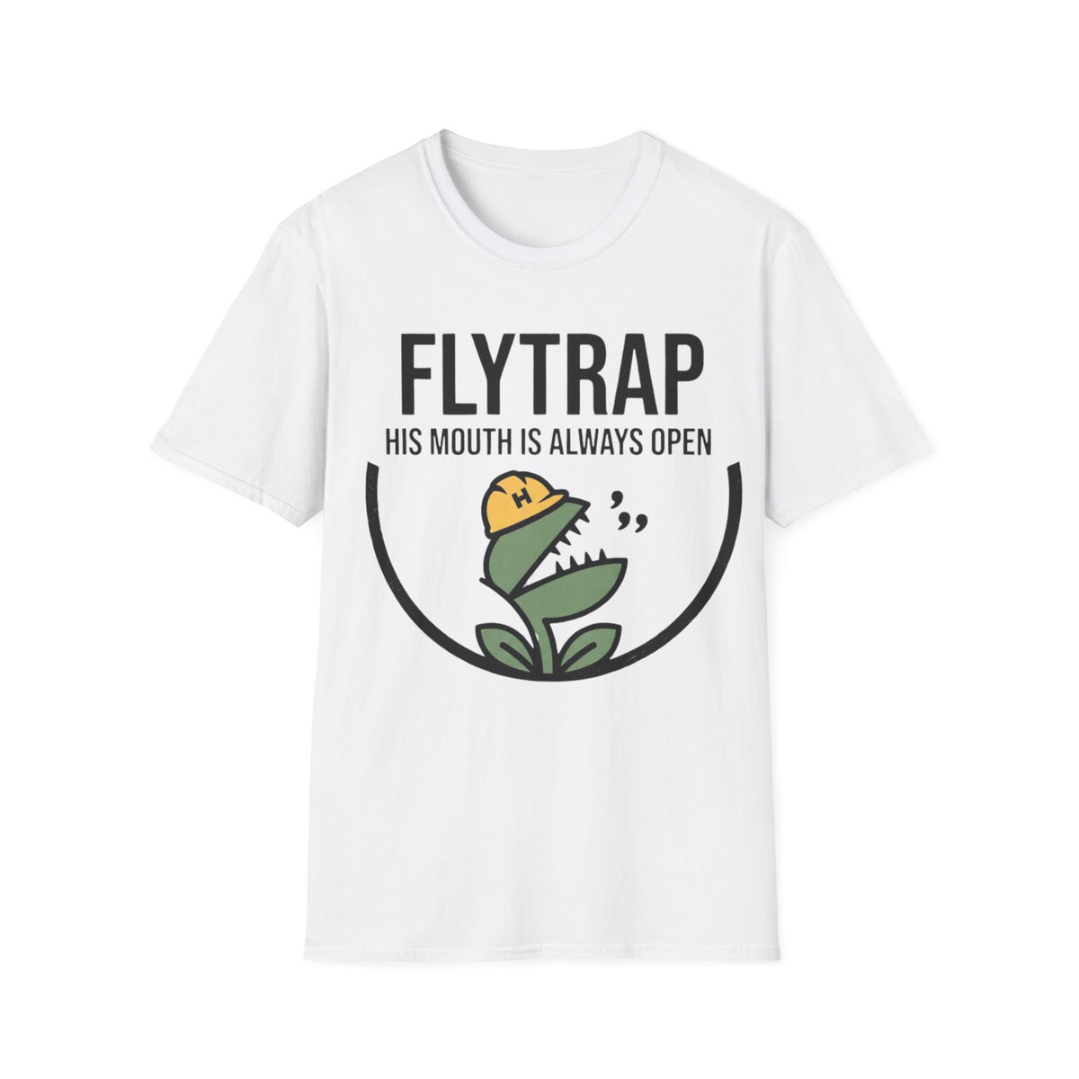 Fly Trap funny UK trade t-shirt design — talking, yawning, or eating, but never actually closed — Site Banter Co