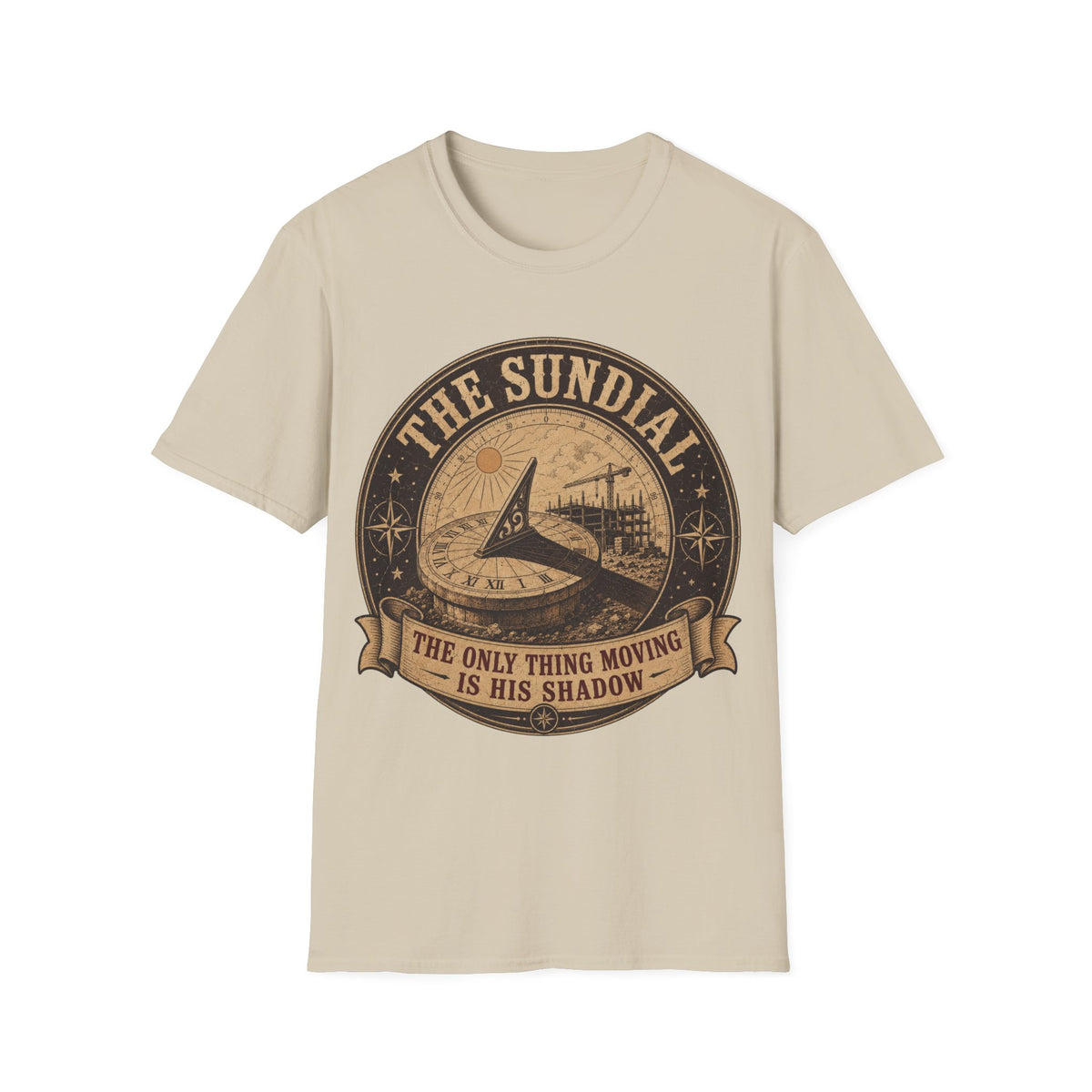 Sun Dial funny UK trade t-shirt design — stood dead still all day, technically present, technically not — Site Banter Co