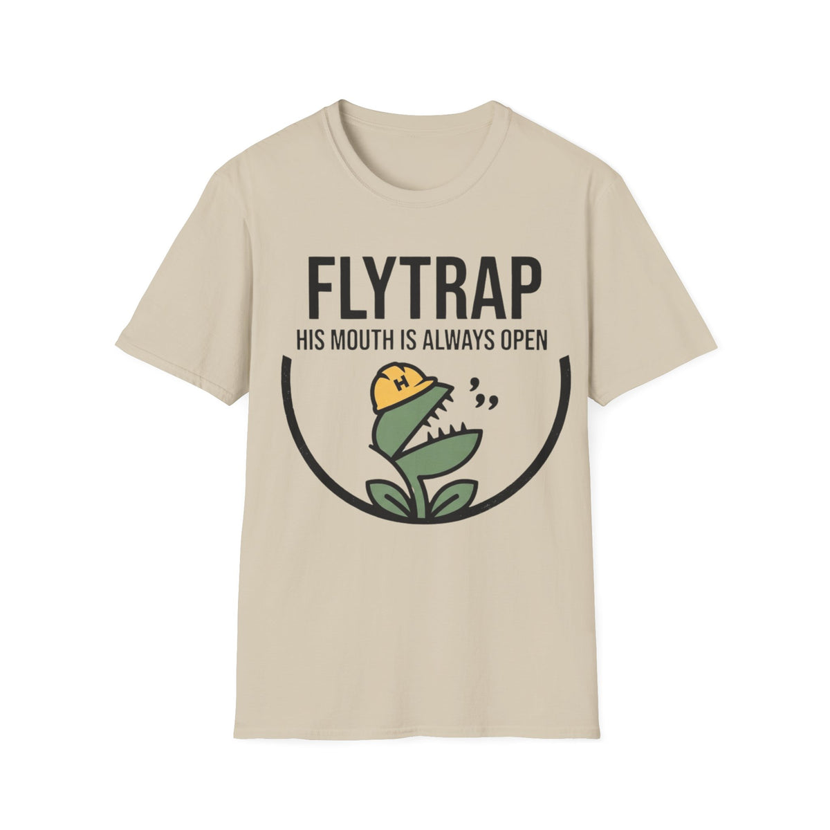 Fly Trap funny UK trade t-shirt design — talking, yawning, or eating, but never actually closed — Site Banter Co