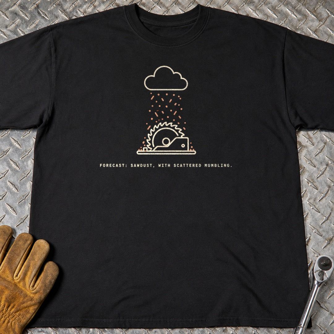 Sawdust Forecast t-shirt flat lay