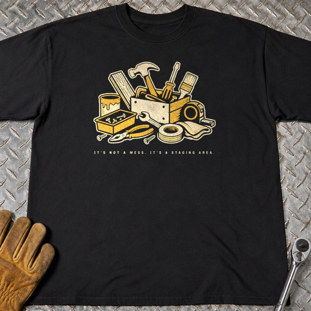 Staging Area t-shirt flat lay