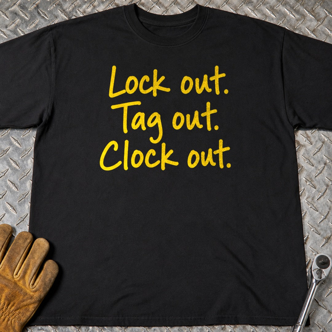 Clock Out t-shirt flat lay