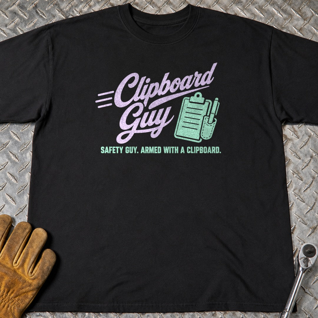 Clipboard Guy t-shirt flat lay