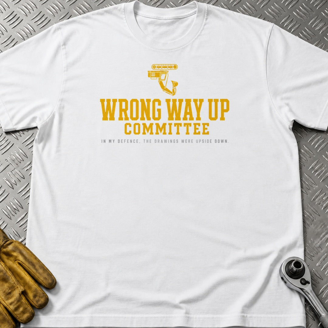 Wrong Way Up t-shirt flat lay
