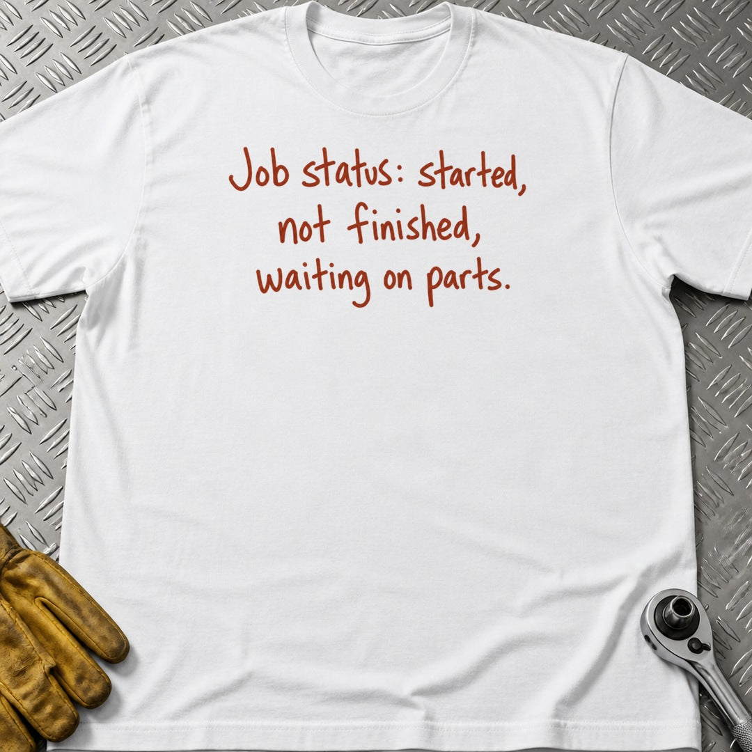 Waiting On Parts t-shirt flat lay