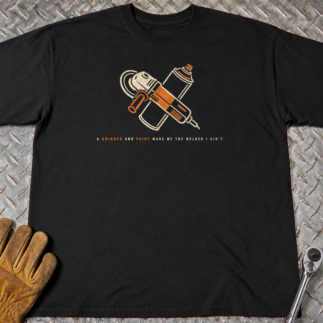 Grinder And Paint t-shirt flat lay