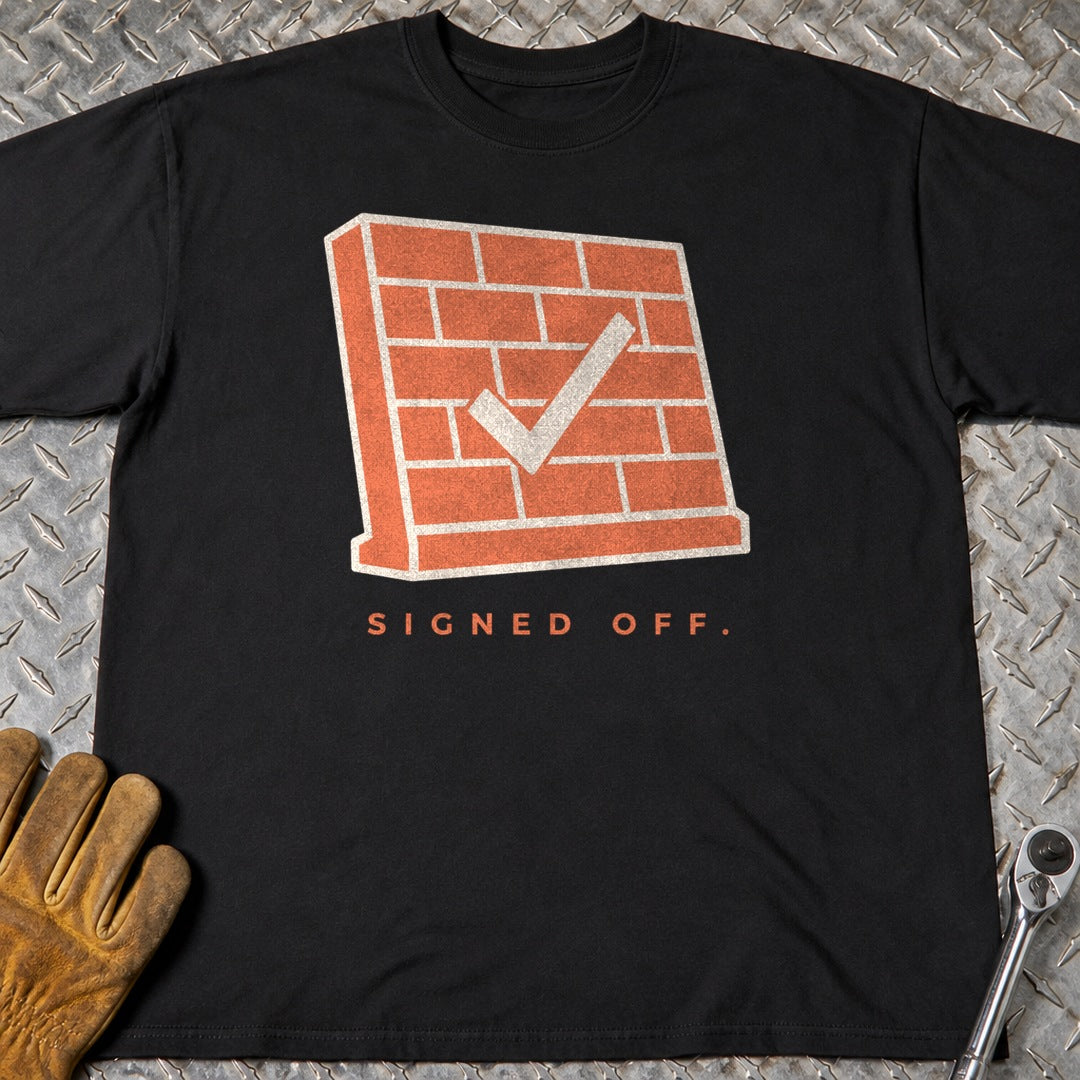 Signed Off t-shirt flat lay