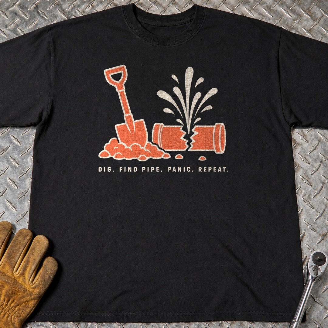 Dig Find Pipe t-shirt flat lay