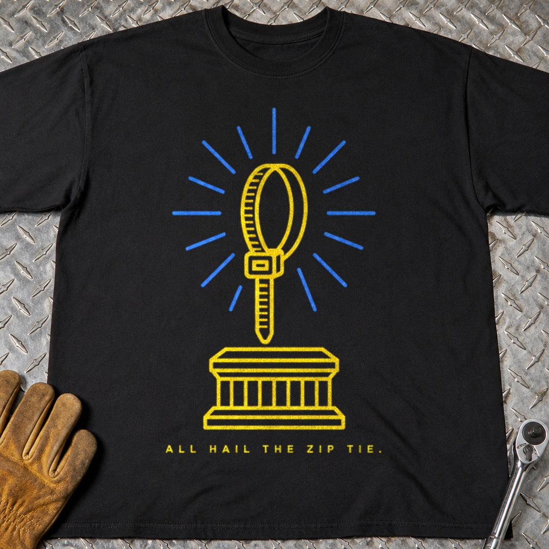 Hail Zip Tie t-shirt flat lay