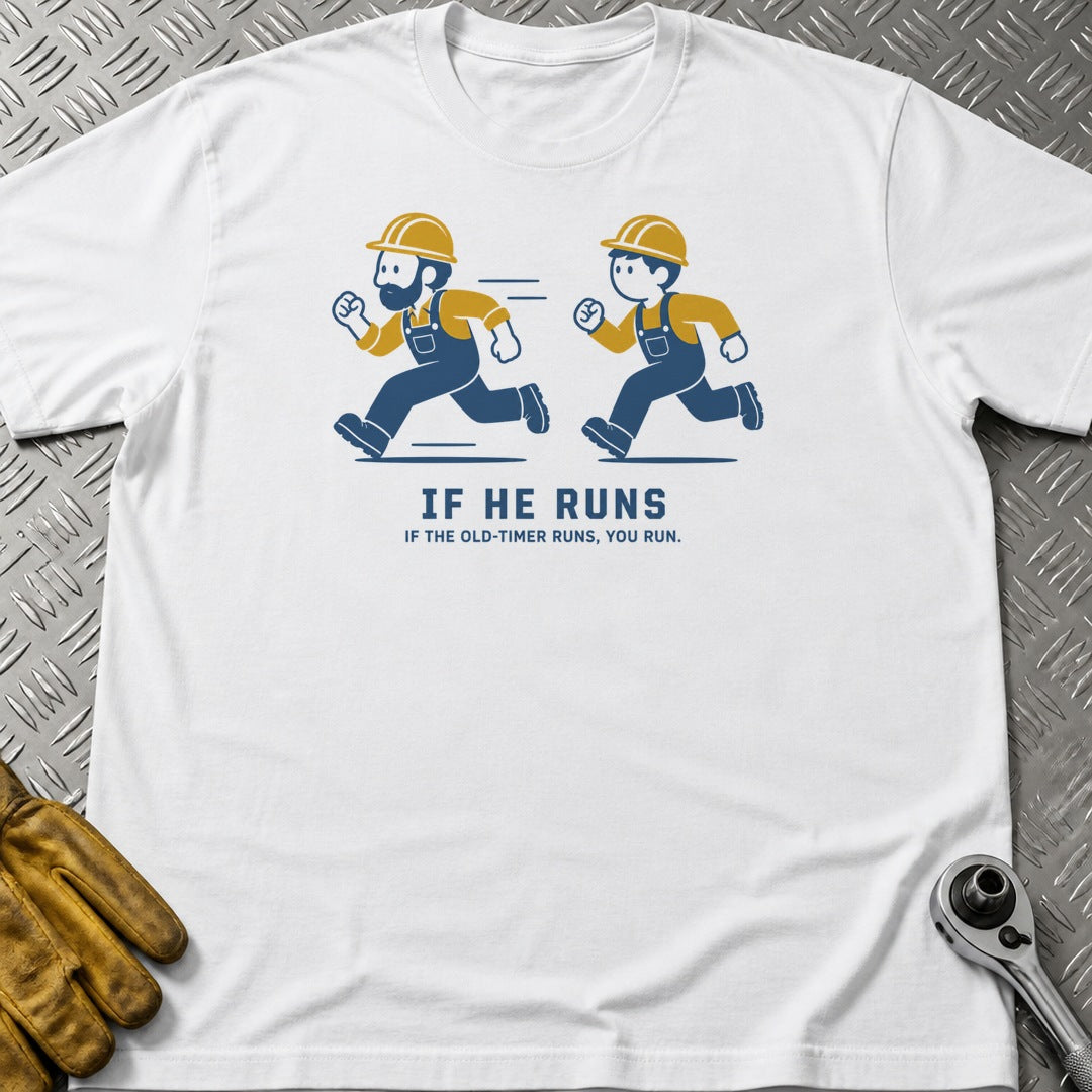 If He Runs t-shirt flat lay