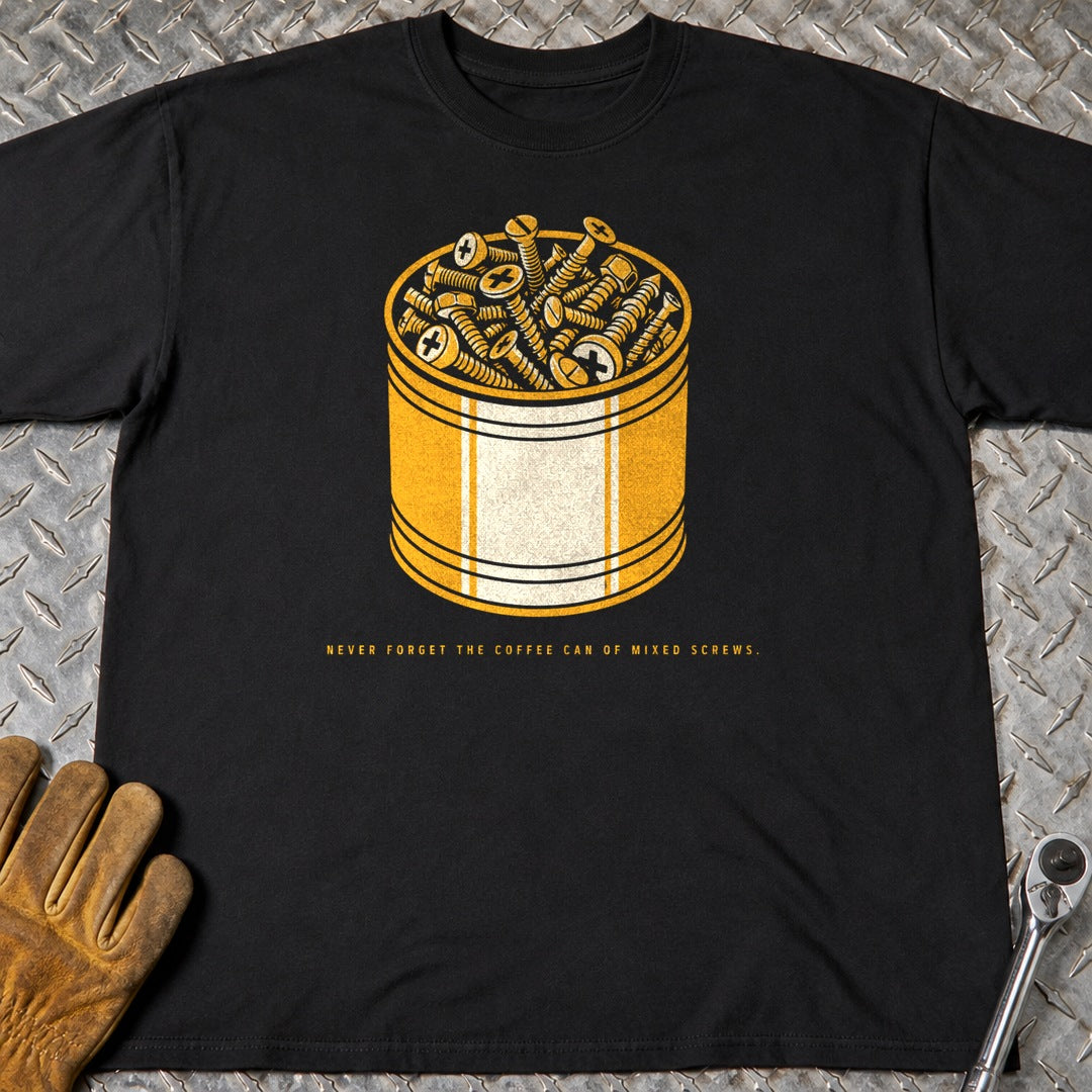 Screw Can t-shirt flat lay