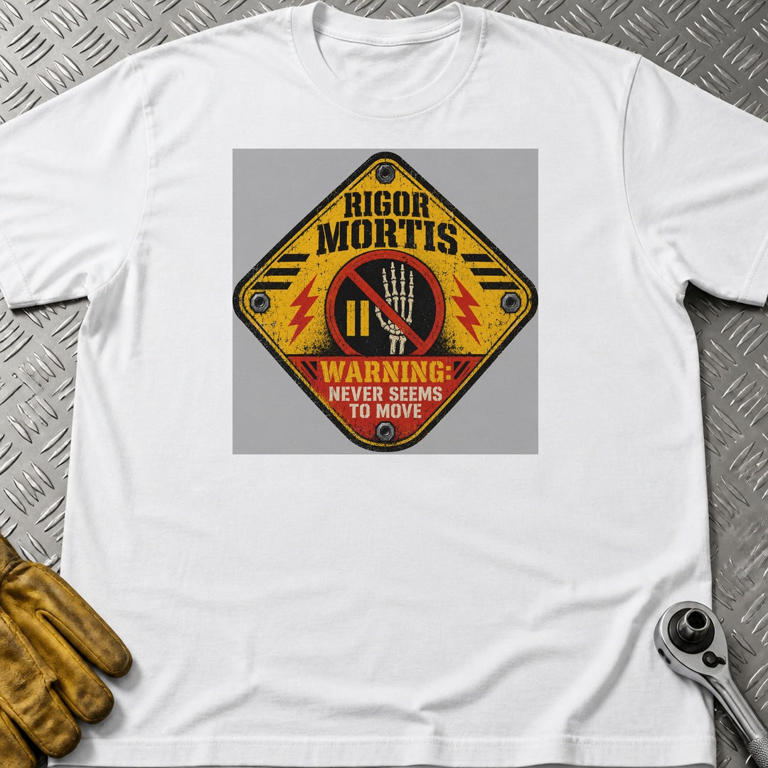 Rigger Mortis t-shirt flat lay