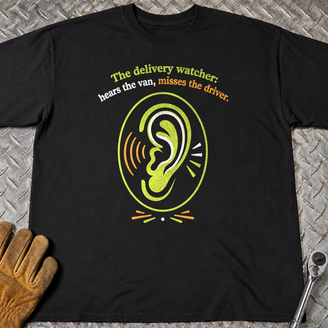 Delivery Watcher t-shirt flat lay