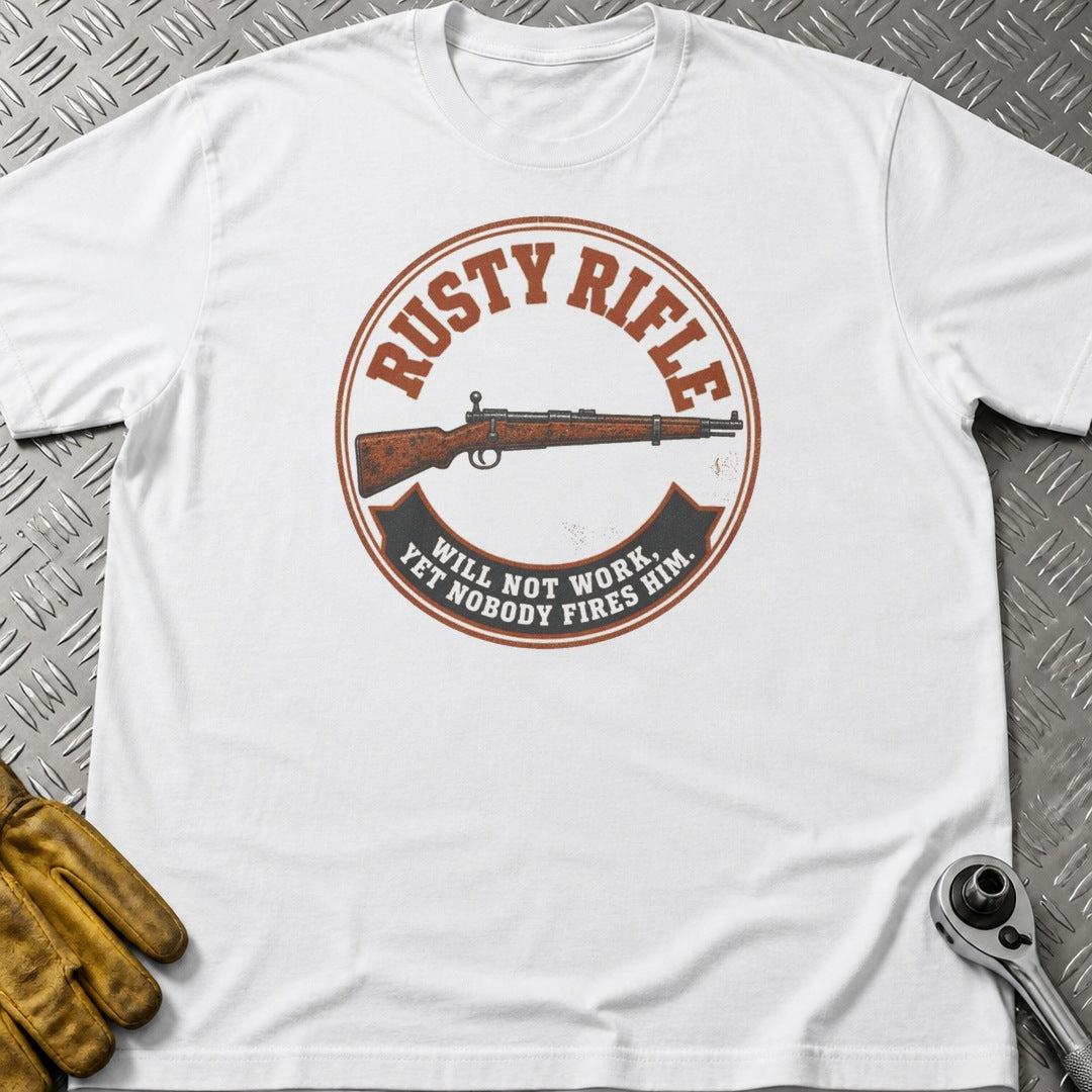 Rusty Rifle t-shirt flat lay