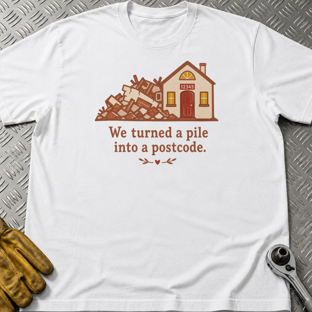 Pile to Postcode t-shirt flat lay