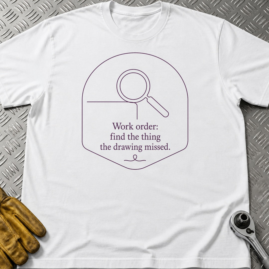 Work Order t-shirt flat lay