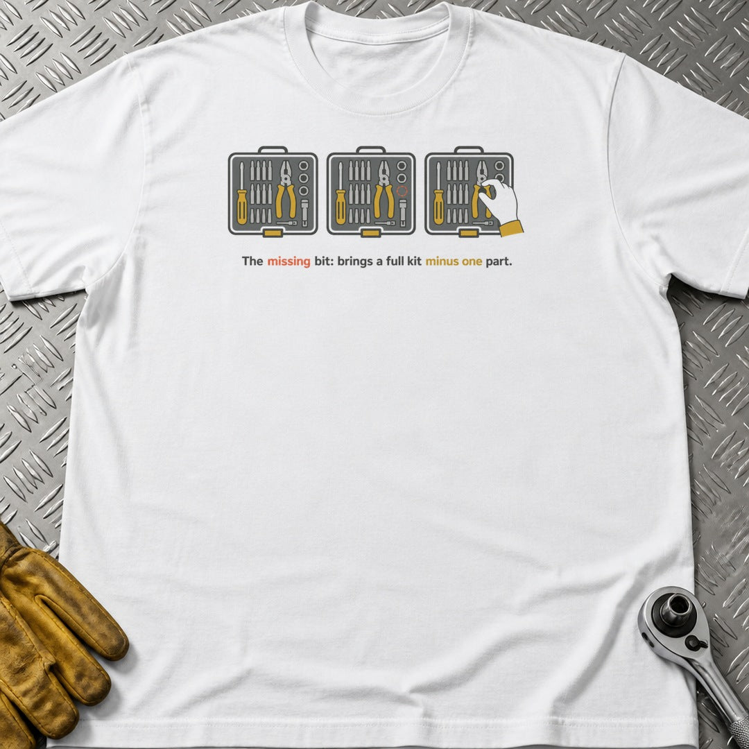 The Missing Bit t-shirt flat lay