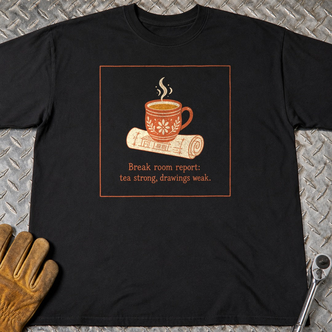 Break Room Report t-shirt flat lay