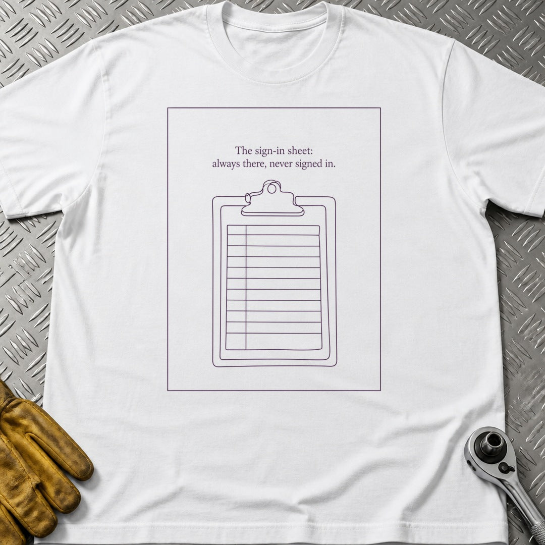 The Sign-in Sheet t-shirt flat lay