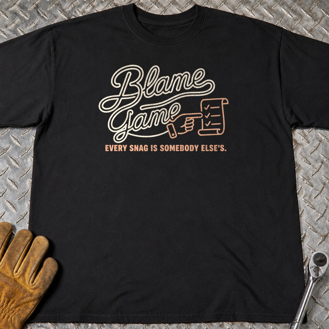 Blame Game t-shirt flat lay