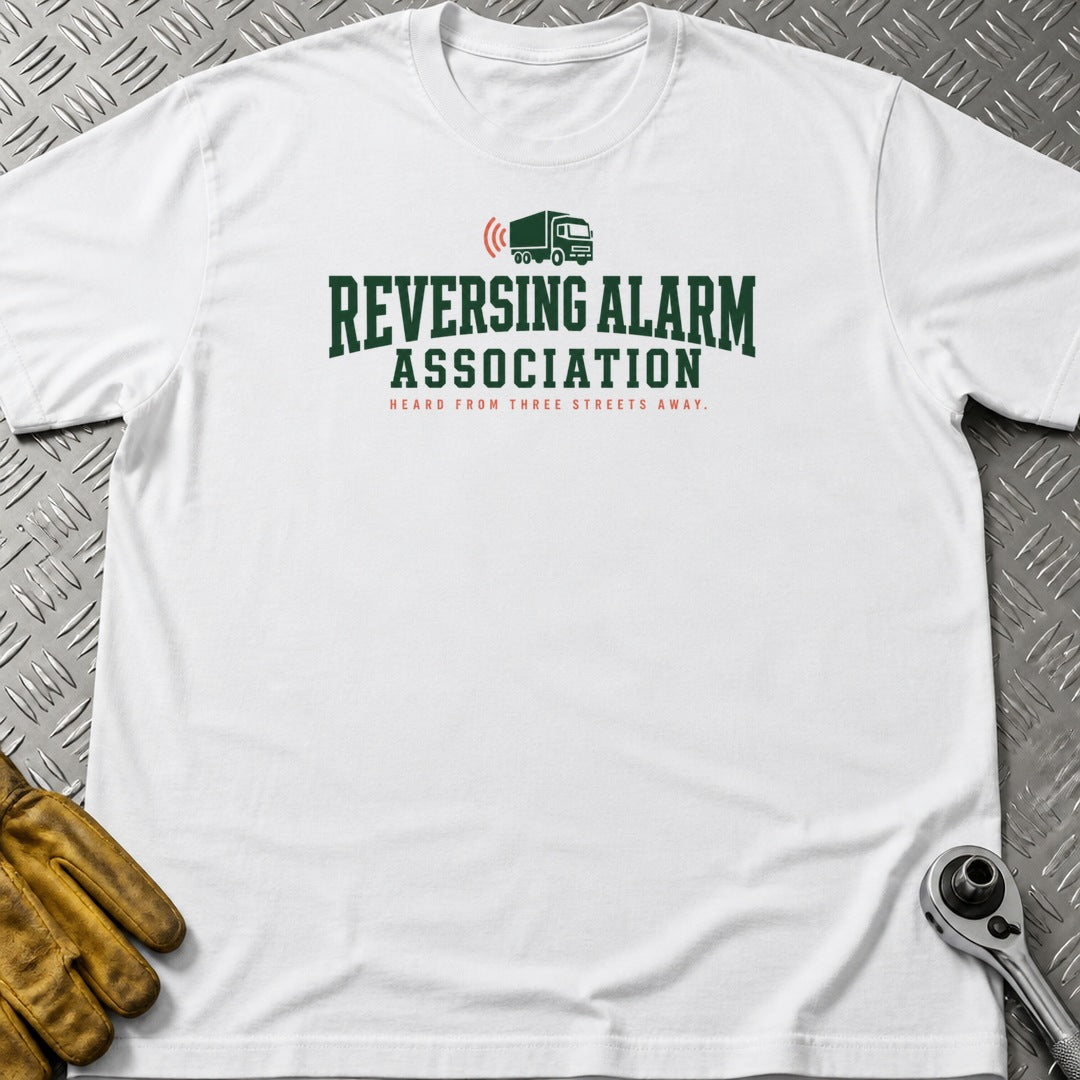 Reversing Alarm t-shirt flat lay