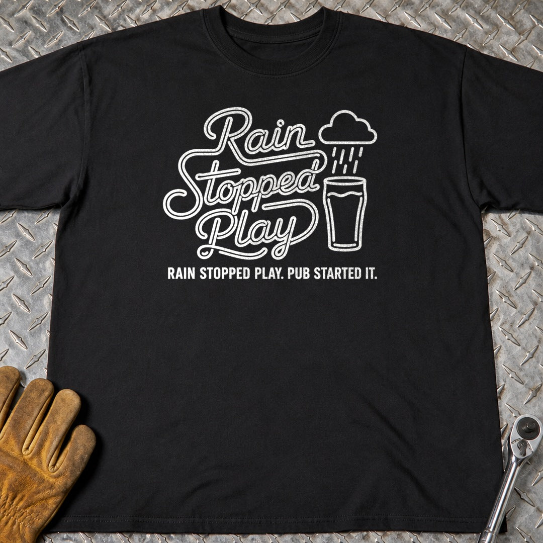 Rain Stopped Play t-shirt flat lay