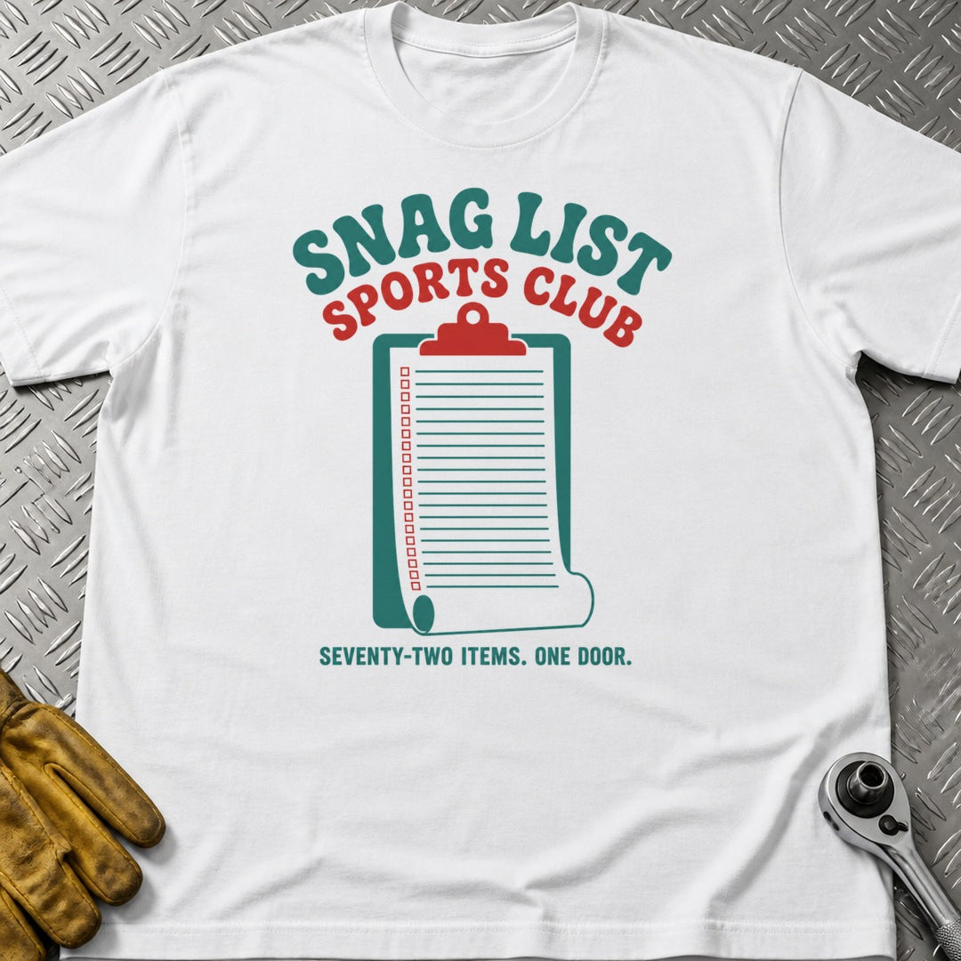 Snag List t-shirt flat lay