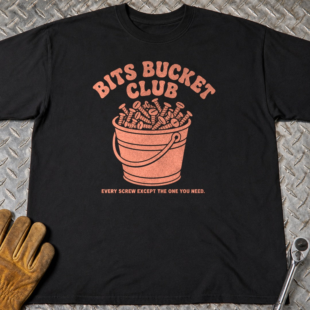 Bits Bucket t-shirt flat lay