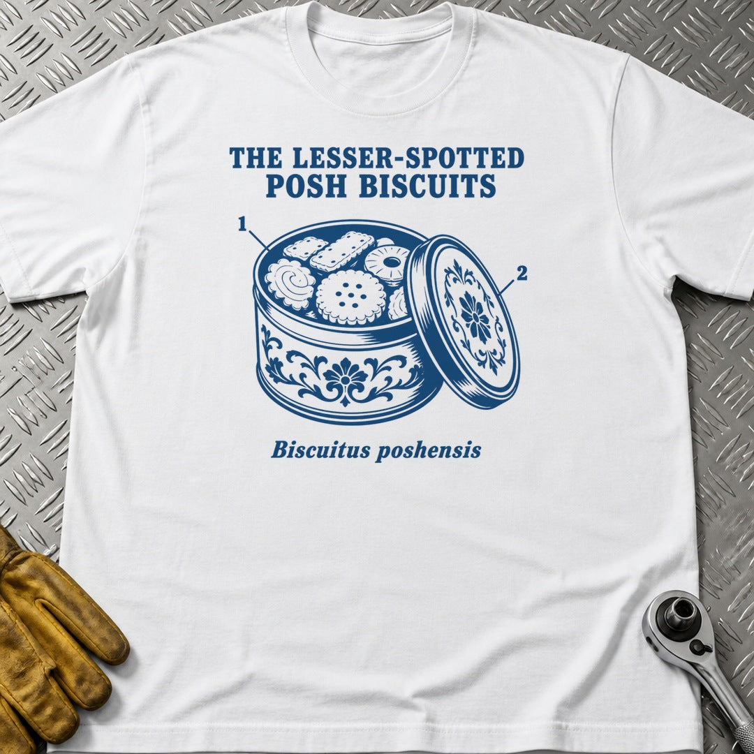 Posh Biscuits t-shirt flat lay
