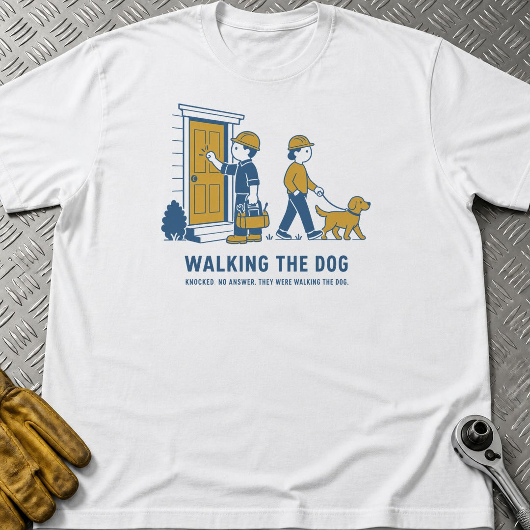 Walking The Dog t-shirt flat lay