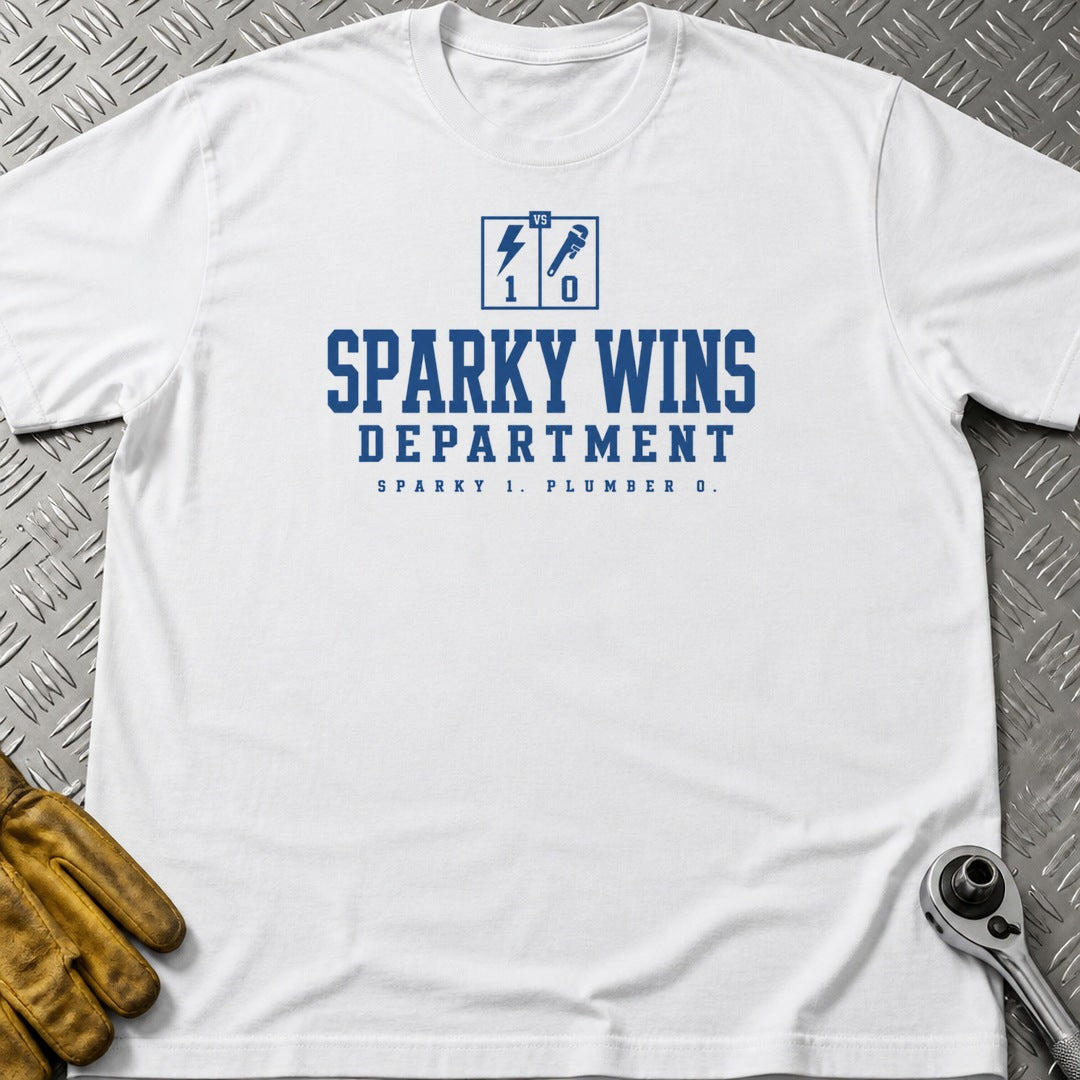 Sparky Wins t-shirt flat lay