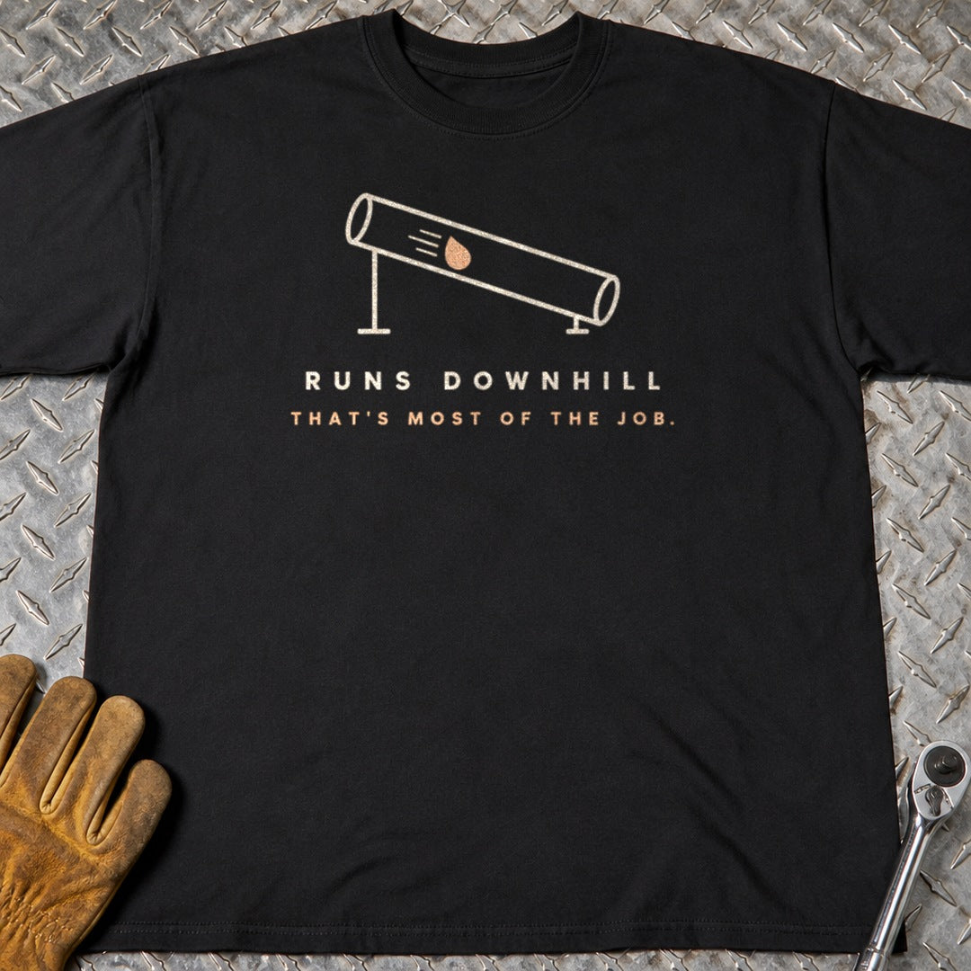 Runs Downhill t-shirt flat lay