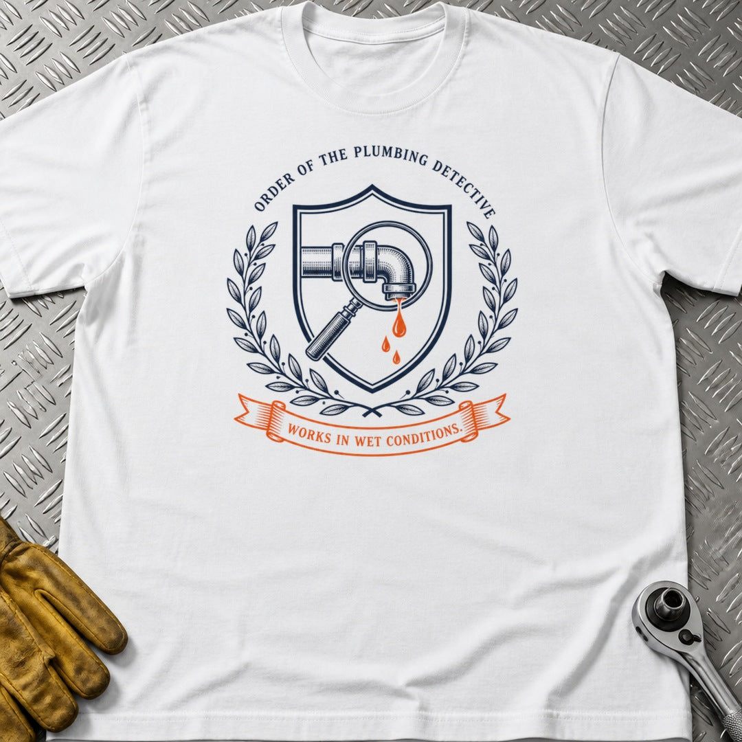 Plumbing Detective t-shirt flat lay