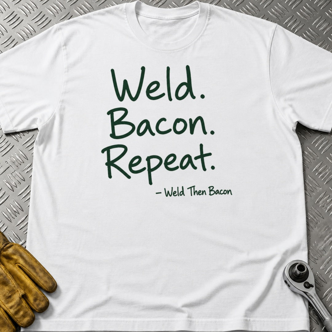 Weld Then Bacon t-shirt flat lay